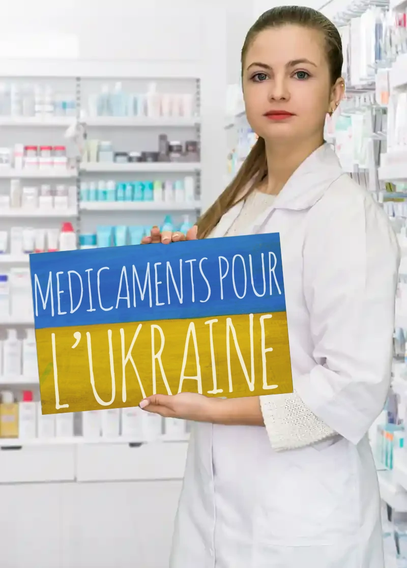 A person holding a Medicines to Ukraine poster